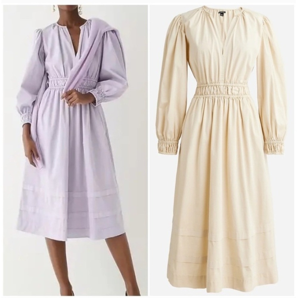J. Crew Long Sleeve Smocked Waist Midi Dress Lightweight Chino Size Small Cream‎
